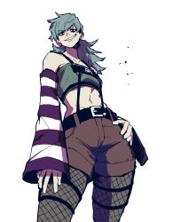 Rule 34 | 1girl, absurdres, aqua hair, arm at side, bare shoulders, bonesaw (rdkshinku), breasts, brown shorts, collarbone, contrapposto, cowboy shot, detached sleeves, earrings, fishnet pantyhose, fishnets, from below, grey eyes, hand on own hip, highres, jewelry, medium hair, midriff, navel, original, pantyhose, parted lips, purple sleeves, shorts, simple background, sleeves past wrists, small breasts, smirk, smug, solo, spiked hair, standing, striped sleeves, stud earrings, swept bangs, teeth, thigh strap, white background, white sleeves, wide belt, wide sleeves