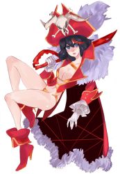 Rule 34 | 1girl, absurdres, black hair, blue eyes, boots, breasts, cleavage, coat, company connection, cosplay, creator connection, crossover, dragonaer123, fur trim, gloves, hat, highres, kill la kill, lalaco godspeed, lalaco godspeed (cosplay), life fiber, lips, matoi ryuuko, multicolored hair, navel, over shoulder, pirate, pirate hat, revealing clothes, scissor blade (kill la kill), short hair, skull and crossbones, solo, trigger (company), two-tone hair, uchuu patrol luluco, weapon, weapon over shoulder