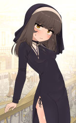 Rule 34 | 1girl, black dress, blush, breasts, brown hair, catholic, christianity, closed mouth, cross, cross necklace, dress, highres, jewelry, long sleeves, looking at viewer, medium breasts, medium hair, nakta, necklace, nun, original, solo, thighhighs, yellow eyes