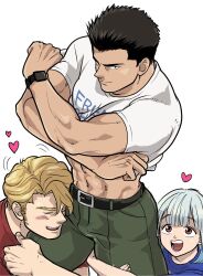 1girl 2boys abs ao_isami aya942841437606 bara belt black_hair blonde_hair blush closed_eyes clothes_lift commentary_request facial_hair green_pants heart highres hugging_another&#039;s_leg lewis_smith lifting_own_clothes lulu_(bang_bravern) male_focus multiple_boys muscular muscular_male navel pants shirt shirt_lift short_hair sideburns_stubble simple_background stubble t-shirt white_background yuuki_bakuhatsu_bang_bravern