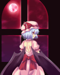 Rule 34 | 1girl, back, backless outfit, bad id, bad pixiv id, bare back, bat wings, blue hair, bow, dress, female focus, full moon, hat, hat ribbon, large bow, looking back, moon, radral, red eyes, red moon, remilia scarlet, ribbon, short hair, solo, touhou, window, wings