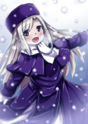 Rule 34 | 1girl, :d, coat, fate/stay night, fate (series), fur hat, gloves, har, hat, highres, illyasviel von einzbern, long hair, mittens, open mouth, papakha, purple hat, red eyes, scarf, silver hair, smile, snowing, solo, white gloves, white mittens, winter clothes, winter coat, yunodon (sugar maple)