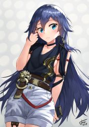 Rule 34 | 1girl, alternate costume, belt, blouse, blue eyes, blue shirt, blush, breasts, cellphone, choker, closed mouth, clothing cutout, collarbone, dated, earrings, fu hua, fu hua (night squire), fu hua (rustic noir), hair between eyes, hair ornament, highres, holding, holding phone, honkai (series), honkai impact 3rd, jewelry, long hair, looking at viewer, medium breasts, phone, playing with own hair, shirt, shorts, shoulder cutout, side cutout, sidelocks, signature, smartphone, solo, white shorts, xfate