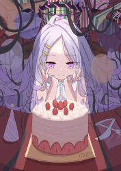 Rule 34 | 1girl, absurdres, ahoge, bare shoulders, birthday cake, blue archive, cake, closed mouth, commentary, demon girl, demon horns, dress, expeddddd, food, hair ornament, hairclip, halo, hands on own cheeks, hands on own face, highres, hina (blue archive), horns, long hair, looking at object, official alternate costume, parted bangs, purple eyes, sidelocks, sleeveless, smile, solo, white dress, white hair