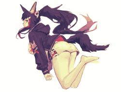 Rule 34 | 1girl, animal ear fluff, animal ears, black hair, blush, bow, breasts, brown eyes, feet, feet together, hair bow, hair ornament, highres, hololive, hood, hoodie, large breasts, legs, long hair, long sleeves, looking at viewer, multicolored hair, ookami mio, ookami mio (hololive summer 2019), otaku (twitter), ponytail, red hair, shorts, solo, sweater, tail, virtual youtuber, wolf ears, wolf girl