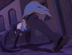 Rule 34 | 1girl, all fours, ass, bare shoulders, black gloves, black thighhighs, blue hair, building, dress, elbow gloves, fairy tail, from behind, gloves, legs, long hair, sandals, screencap, sleeveless, solo, thighhighs, thighs, twintails, wendy marvell