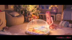 Rule 34 | 1girl, bag, bed, brown eyes, building, carpet, christmas tree, city, commentary, copyright name, drawing (object), dress, english commentary, highres, indoors, long hair, looking at object, miniature, night, nikki (miracle nikki), official art, official wallpaper, on floor, pink dress, pink hair, red ribbon, ribbon, shining nikki, shirt, sitting, snow, snow globe, snowflakes, snowing, white footwear, white shirt