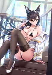 Rule 34 | 1girl, absurdres, animal ear fluff, animal ears, arm support, armpit crease, atago (azur lane), azur lane, bare shoulders, bikini, black bikini, black hair, black thighhighs, blush, breasts, cleavage, closed mouth, collarbone, covered erect nipples, crotch seam, curtains, day, garter belt, hair between eyes, high heels, highres, indoors, jacket, jacket partially removed, knee up, large breasts, legs, long hair, long sleeves, looking at viewer, mappaninatta, micro bikini, off shoulder, partially undressed, sitting, smile, solo, stairs, strap pull, swimsuit, thighhighs, white footwear, white jacket, wind, yellow eyes