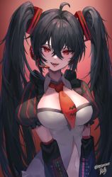 Rule 34 | 1girl, absurdres, ahoge, black hair, breasts, center opening, commentary, dark persona, detached sleeves, fangs, hair ornament, hatsune miku, headphones, highres, large breasts, lerome, long hair, looking at viewer, navel, necktie, open mouth, puffy sleeves, red background, red eyes, shirt, short sleeves, smile, solo, stomach, symbol-only commentary, twintails, upper body, very long hair, vocaloid, white shirt, wing collar, zatsune miku