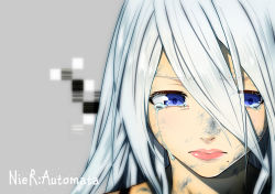 Rule 34 | 1girl, blue eyes, closed mouth, copyright name, crying, crying with eyes open, dirty, dirty face, eyelashes, eyes visible through hair, grey background, hair between eyes, lips, long hair, looking to the side, mole, mole under mouth, nier (series), nier:automata, nose, pink lips, portrait, silver hair, simple background, solo, streaming tears, takurowo, tears, a2 (nier:automata)