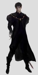 Rule 34 | 1boy, alle page, black hair, boots, cloak, collared cloak, frilled sleeves, frills, full body, jewelry, long sword, male focus, original, short hair, simple background