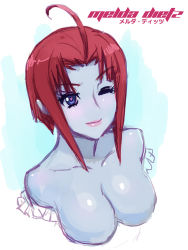 Rule 34 | 10s, 1girl, ;), ahoge, alien, bare shoulders, blue eyes, blue skin, breasts, character name, cleavage, colored skin, gamilas, heart, heart-shaped pupils, large breasts, lips, looking at viewer, melda deitz, one eye closed, red hair, short hair, smile, solo, symbol-shaped pupils, uchuu senkan yamato, uchuu senkan yamato 2199, upper body, wink, zero hime
