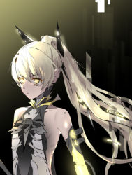 Rule 34 | 1girl, bare shoulders, black background, blonde hair, closed mouth, cyborg, glitch, glowing, glowing eyes, gradient background, hair between eyes, hair ornament, hair ribbon, long hair, looking at viewer, nanami: pulse (punishing: gray raven), nanami (punishing: gray raven), ponytail, punishing: gray raven, ribbon, sachiko y, sleeveless, solo, v-shaped eyebrows, yellow background, yellow eyes