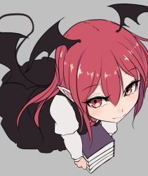 Rule 34 | 1girl, bat wings, blush, book, book stack, collared shirt, demon tail, dress shirt, eyelashes, foreshortening, from above, grey background, hair between eyes, head wings, holding, holding book, juliet sleeves, koakuma, light smile, long sleeves, looking at viewer, looking up, marsen, necktie, pointy ears, puffy sleeves, red eyes, red hair, red necktie, shirt, simple background, skirt, skirt set, solo, tail, touhou, vest, white shirt, wings