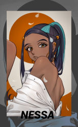 Rule 34 | 1girl, alternate hairstyle, black hair, blue eyes, blue hair, buttons, character name, closed mouth, commentary request, creatures (company), dark-skinned female, dark skin, earclip, earrings, echizen (n fns17), eyelashes, game freak, highres, hoop earrings, jewelry, long hair, looking at viewer, multicolored hair, nessa (pokemon), nintendo, off shoulder, petals, pokemon, pokemon swsh, ponytail, shoulder blades, solo, two-tone hair