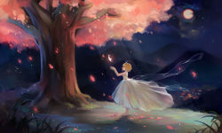Rule 34 | 1girl, barefoot, cherry blossoms, dress, duximeng, feathers, full body, full moon, grass, highres, moon, night, night sky, outstretched arms, petals, sakura hime, see-through, short hair, sky, sparkle, standing, star (sky), starry sky, strapless, strapless dress, tree, tsubasa chronicle, white dress