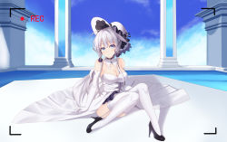 Rule 34 | 1girl, absurdres, azur lane, bare shoulders, black footwear, blue eyes, breasts, cleavage, dress, elbow gloves, full body, garter straps, gloves, hat, high heels, highres, illustrious (azur lane), lace-trimmed headwear, lace trim, large breasts, long hair, looking at viewer, qiujiaole777, recording, shoes, sleeveless, sleeveless dress, solo, strapless, strapless dress, sun hat, thighhighs, tri tails, white dress, white gloves, white hair, white hat, white thighhighs