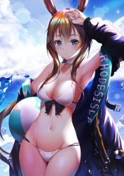 Rule 34 | 1girl, amiya (arknights), animal ears, arknights, arm up, armpits, ball, bare shoulders, beachball, bikini, black bow, black jacket, blue eyes, blue sky, blush, bow, bow bikini, breasts, brown hair, carrying, carrying under arm, chromatic aberration, cleavage, closed mouth, cloud, cloudy sky, collarbone, commentary, day, fingernails, gluteal fold, groin, hair between eyes, highres, horizon, hyonee, jacket, jewelry, long hair, long sleeves, medium breasts, navel, ocean, open clothes, open jacket, outdoors, puffy long sleeves, puffy sleeves, rabbit ears, revision, ring, sidelocks, sky, solo, swimsuit, thigh gap, thumb ring, very long hair, water, white bikini