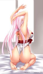 Rule 34 | 1girl, arms up, ass, back, bare back, bed sheet, breasts, commentary request, facing away, feet, from behind, full body, highres, large breasts, leotard, long hair, midnight (banyex), original, pink hair, pointy ears, seiza, sitting, soles, solo, toes, very long hair