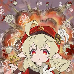 Rule 34 | 1girl, ahoge, artist request, blonde hair, cabbie hat, clover print, commentary request, explosion, genshin impact, hat, highres, honkai: star rail, honkai (series), jumpy dumpty, klee (genshin impact), low twintails, open mouth, parody, pointy ears, red eyes, twintails, upper body