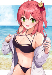 Rule 34 | 1girl, :d, absurdres, ahoge, bare shoulders, bell, bikini, black bikini, blush, bow, breasts, cleavage, commentary request, day, drawstring, green eyes, hair bell, hair between eyes, hair bow, hair ornament, hairclip, hands up, highres, hololive, hood, hood down, hooded jacket, horizon, jacket, jingle bell, long hair, long sleeves, looking at viewer, medium breasts, navel, o-ring, o-ring bikini, o-ring top, ocean, off shoulder, one side up, open clothes, open jacket, open mouth, racchi., red bow, red hair, sakura miko, sleeves past wrists, smile, solo, swimsuit, virtual youtuber, water, white jacket, x hair ornament