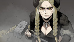 Rule 34 | 1girl, blonde hair, braid, braided ponytail, breasts, bruise, bruise on face, cleavage, cleavage cutout, closed mouth, clothing cutout, curled horns, gogalking, grey background, hammer, highres, holding, holding hammer, holding weapon, horizontal pupils, horns, injury, long hair, looking at viewer, original, side braid, solo, upper body, ur-bracka (gogalking), very long hair, war hammer, weapon, yellow eyes