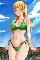 Rule 34 | 1girl, absurdres, arms at sides, bare arms, bare shoulders, bikini, blonde hair, blue sky, blunt bangs, bow, bow hairband, box wonderland, breasts, cleavage, cloud, collarbone, commentary, cowboy shot, day, green bikini, green eyes, hair bow, hairband, heanna sumire, highres, long hair, looking at viewer, love live!, love live! superstar!!, medium breasts, navel, orange hairband, outdoors, parted lips, rock, side-tie bikini bottom, sky, solo, standing, stomach, sunlight, swimsuit, twitter username, white bow