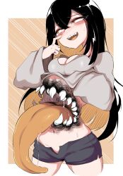 Rule 34 | 1girl, black hair, black shorts, blush, breasts, clothes lift, commentary, creepy, grey shirt, hair between eyes, hemuling, highres, lifting own clothes, long hair, long sleeves, medium breasts, monster girl, multicolored hair, nose blush, open mouth, orange eyes, orange hair, original, saliva, sharp teeth, shirt, shirt lift, short shorts, shorts, simple background, solo, sweat, symbol-only commentary, teeth, tongue, tongue out, very long hair, wide sleeves