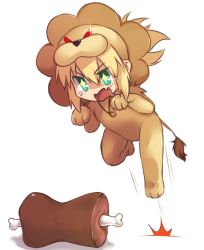 Rule 34 | 1girl, animal costume, artoria pendragon (all), artoria pendragon (fate), bad id, bad tumblr id, blonde hair, blush, boned meat, chibi, cosplay, drooling, fate/apocrypha, fate/tiger colosseum, fate (series), food, green eyes, jewelry, lion costume, meat, mordred (fate), mordred (fate/apocrypha), necklace, pouncing, saber lion, saber lion (cosplay), solo, tusia