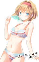 Rule 34 | 1girl, alice margatroid, blonde hair, blue bra, blue eyes, blue panties, bow, bow bra, bow panties, bra, hairband, looking at viewer, navel, nirap, panties, simple background, smile, solo, touhou, underwear, underwear only, white background