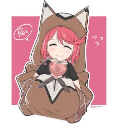 Rule 34 | 1girl, black gloves, blush, bob cut, breasts, closed eyes, closed mouth, dangle earrings, disguised pyra (xenoblade), earrings, fingerless gloves, flying sweatdrops, gloves, heart, heart hands, hood, hoodie, jewelry, large breasts, long sleeves, mochimochi (xseynao), pyra (xenoblade), red hair, short hair, simple background, smile, solo, swept bangs, twitter username, xenoblade chronicles (series), xenoblade chronicles 2