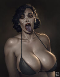 Rule 34 | 1girl, absurdres, alcina dimitrescu, bikini, black bikini, black hair, breasts, collarbone, colored skin, commentary, cum, dark background, earrings, english commentary, eyeshadow, facial, grey skin, grey tongue, highres, jewelry, justsomenoob, large breasts, lipstick, looking at viewer, makeup, mature female, nose, open mouth, paid reward available, pearl earrings, red lips, resident evil, resident evil village, short hair, solo, swimsuit, toned, tongue, tongue out, upper body, veins, veiny breasts, yellow eyes