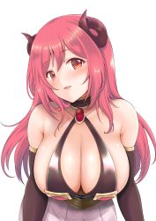 Rule 34 | 1girl, breasts, cleavage, curled horns, demon girl, demon horns, elbow gloves, gloves, highres, horns, huge breasts, io (princess connect!), large breasts, leaning forward, long hair, looking at viewer, princess connect!, red eyes, red hair, simple background, solo, white background, yue (show-ei)