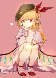 Rule 34 | 1girl, :o, absurdres, artist name, beret, blonde hair, bra, bra peek, cheek rest, collarbone, colored eyelashes, commentary request, crystal, dress, eyelashes, flandre scarlet, flat chest, frilled dress, frilled shoes, frills, full body, green hat, hair ribbon, hand on own cheek, hand on own chin, hand on own face, hat, head rest, heart, highres, jitome, long hair, looking at viewer, nail polish, no socks, open bra, pink background, pointy ears, polka dot, polka dot bra, puffy short sleeves, puffy sleeves, red eyes, red footwear, red nails, red ribbon, ribbon, risui (suzu rks), shoes, short sleeves, side ponytail, sidelocks, signature, solo, squatting, star (symbol), touhou, unbuttoned, underwear, white dress, wings, wrist cuffs
