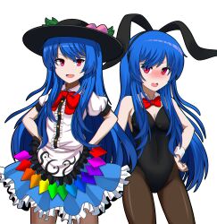 Rule 34 | 1girl, :d, absurdres, animal ears, black headwear, black leotard, black pantyhose, blue hair, blue skirt, blush, bow, bowtie, breasts, center frills, cleavage, collared shirt, detached collar, food, frills, fruit, groin, hands on own hips, highres, hinanawi tenshi, leaf, leotard, long hair, looking at viewer, multiple views, open mouth, pantyhose, peach, playboy bunny, rabbit ears, rainbow order, red bow, red bowtie, red eyes, shirt, simple background, skirt, small breasts, smile, touhou, white background, white shirt, zawapirori