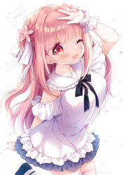 Rule 34 | 1girl, absurdres, breasts, dress, hand on head, highres, indie virtual youtuber, itsuki jun, kohanai momomi, looking at viewer, medium breasts, one eye closed, pink eyes, pink hair, solo, thighhighs, two side up, v, virtual youtuber, white dress, wrist cuffs