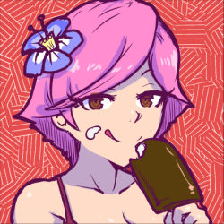 Rule 34 | 1girl, akairiot, animal crossing, breasts, cleavage, flower, food, food on face, hair flower, hair ornament, hibiscus, ice cream, ice cream on face, lowres, nintendo, pink hair, short hair, solo, spaghetti strap, super smash bros., villager (animal crossing), yandere
