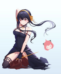 Rule 34 | 1girl, absurdres, anya (spy x family), arm behind head, arm up, black choker, black dress, black gloves, black hair, black thighhighs, breasts, choker, cleavage, collarbone, covering privates, covering crotch, dress, earrings, fingerless gloves, floating hair, flower, front slit, full body, gao2519, gloves, grin, hair between eyes, hair flower, hair ornament, hairband, highres, jewelry, kneeling, large breasts, looking at viewer, no panties, red eyes, short hair with long locks, sidelocks, sleeveless, sleeveless dress, smile, solo, spread legs, spy x family, thighhighs, thighs, white background, yellow flower, yellow hairband, yor briar