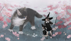 Rule 34 | 2girls, animal, animal ears, black dress, black headwear, broom, brown hair, cat, commentary, cosmos (flower), dress, ears through headwear, english commentary, flower, grass, hat, holding, holding broom, juliet sleeves, long hair, long sleeves, looking at another, mini person, minigirl, mouse ears, mouse girl, mouse tail, multiple girls, mushroom, nekosuke (oxo), original, outdoors, pink flower, puffy sleeves, shoes, short hair, sitting, socks, standing, tail, witch hat