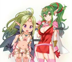 Rule 34 | 2girls, belt, black gloves, blush, breasts, cape, cleavage, covered erect nipples, covered navel, fire emblem, fire emblem awakening, fire emblem heroes, garter straps, gloves, green eyes, green hair, large breasts, long hair, looking at viewer, multiple girls, navel, nintendo, nowi (fire emblem), open mouth, pink legwear, pointy ears, ponytail, purple eyes, red gloves, ryoji (nomura ryouji), simple background, small breasts, smile, teeth, thighhighs, tiki (adult) (fire emblem), tiki (fire emblem), white background