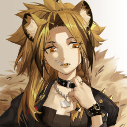 Rule 34 | 1girl, adjusting clothes, animal ears, arknights, black choker, black jacket, brown eyes, brown hair, candy, chinese commentary, choker, collarbone, commentary request, earrings, fangs, five-fall, food, hand up, hoop earrings, jacket, jewelry, lion ears, lollipop, long hair, mouth hold, nail polish, official alternate costume, open mouth, siege (arknights), solo, upper body