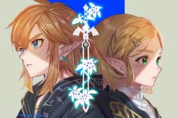 Rule 34 | 1boy, 1girl, blonde hair, blue eyes, braid, brown hair, commentary request, crown braid, earrings, forehead, glowing, green eyes, hair ornament, hairclip, jewelry, link, looking away, nintendo, parted bangs, parted lips, pointy ears, princess zelda, short hair, shuri (84k), the legend of zelda, the legend of zelda: breath of the wild, the legend of zelda: tears of the kingdom, thick eyebrows, twitter username, two-tone background, upper body, v-shaped eyebrows