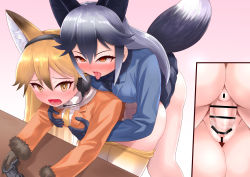 Rule 34 | 1futa, 1girl, animal ears, bar censor, black gloves, blonde hair, blue hair, breast press, breasts, brown eyes, censored, clothes, controller, doggystyle, ezo red fox (kemono friends), futa with female, futanari, game controller, gloves, gradient hair, heart, heart-shaped pupils, highres, kemono friends, looking at viewer, medium breasts, multicolored hair, open clothes, open mouth, penis, pussy, ras (ras33635191), rolling eyes, sex, sex from behind, silver fox (kemono friends), symbol-shaped pupils, table, tail, tongue, tongue out, vaginal