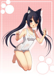 Rule 34 | 1girl, animal ears, bad id, bad pixiv id, barefoot, black eyes, black hair, cat ears, cat tail, ecil, face, flat chest, highres, k-on!, long hair, nakano azusa, one-piece swimsuit, school swimsuit, solo, swimsuit, tail, twintails, white school swimsuit, white one-piece swimsuit, xiangtu