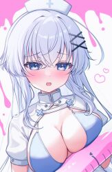 Rule 34 | 1girl, bikini, bikini under clothes, blue bikini, blue eyes, blush, breasts, breasts out, commentary request, dress, grey hair, gyozanuko, hair between eyes, hair ornament, hairclip, half-closed eyes, hat, heart, highres, holding, holding syringe, large syringe, long hair, looking at viewer, medium breasts, nurse, nurse cap, open mouth, original, oversized object, pink background, puffy short sleeves, puffy sleeves, short sleeves, solo, swimsuit, syringe, two-tone background, upper body, white background, white dress, white hat, x hair ornament