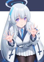 Rule 34 | 1girl, blue archive, highres, long hair, long sleeves, looking at viewer, necktie, noa (blue archive), purple eyes, smile, solo, t2r, white hair