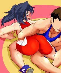 Rule 34 | 1boy, 1girl, ass, danshi koukousei no nichijou, ikushima (danshi koukousei), spandex, tof, twintails, unitard, wrestling, wrestling outfit