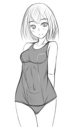 Rule 34 | 1girl, arms behind back, blush, breasts, greyscale, isoro (meian), isoro (myouan), looking at viewer, medium breasts, meian, monochrome, myouan, original, short hair, simple background, smile, solo, white background