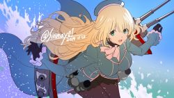 Rule 34 | 1girl, atago (kancolle), beret, black gloves, black pantyhose, black skirt, blonde hair, blue hat, blue sky, breasts, cloud, cloudy sky, commentary, dated, day, dutch angle, gloves, green eyes, hat, highres, kantai collection, large breasts, leaning forward, light particles, long hair, long sleeves, looking at viewer, military, military uniform, miniskirt, neck ribbon, ocean, one-hour drawing challenge, open mouth, outdoors, outstretched arms, pantyhose, ribbon, rigging, shinmai (kyata), skirt, sky, smile, solo, splashing, spread arms, standing, standing on one leg, twitter username, uniform, white ribbon
