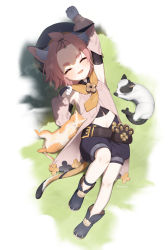 Rule 34 | 1girl, absurdres, animal, animal ear fluff, animal ears, arm up, bag, bangs pinned back, black footwear, boots, cat, cat ears, cat tail, child, closed eyes, commentary, detached sleeves, diona (genshin impact), genshin impact, gloves, hat, highres, kkopoli, lying, navel, on back, open mouth, paw pose, pink hair, short hair, shorts, stretching, tail, thick eyebrows, twitter username